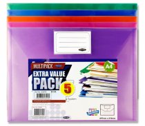 PREMIER OFFICE PKT.5 A4 MY CLEAR BAG BUTTON WALLETS - COLOURED