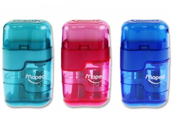 MAPED DUO CONNECT TWIN HOLE SHARPER & ERASER - TRANSLUCENT 3 ASST CDU