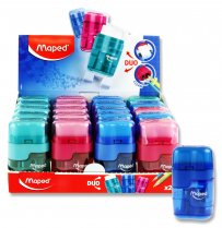 MAPED DUO CONNECT TWIN HOLE SHARPER & ERASER - TRANSLUCENT 3 ASST CDU