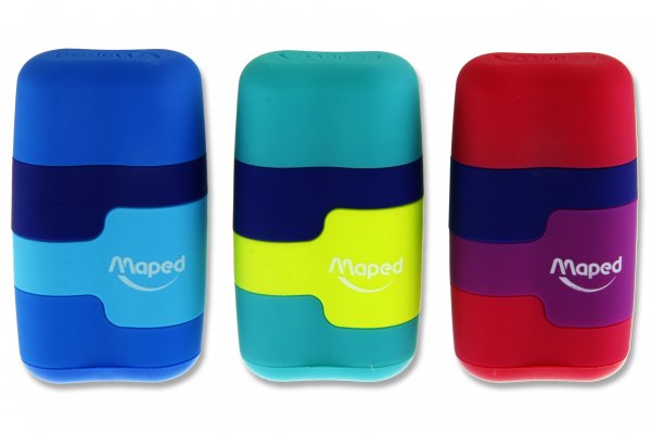 MAPED DUO CONNECT TWIN HOLE SHARPENER & ERASER - COLORFUL 3 ASST CDU