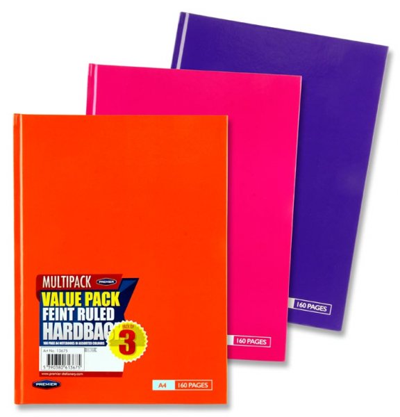 PREMIER PKT.3 A4 160pg HARDOVER NOTEBOOK - TANG 3 ASST.