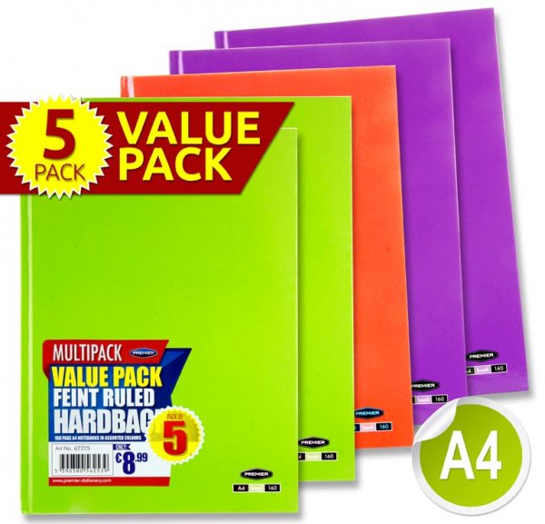PREMIER PKT.5 A4 160pg HARDCOVER NOTEBOOK 3 ASST PASTEL