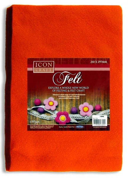 ICON CRAFT PKT.10 A4 FELT SHEETS - ORANGE