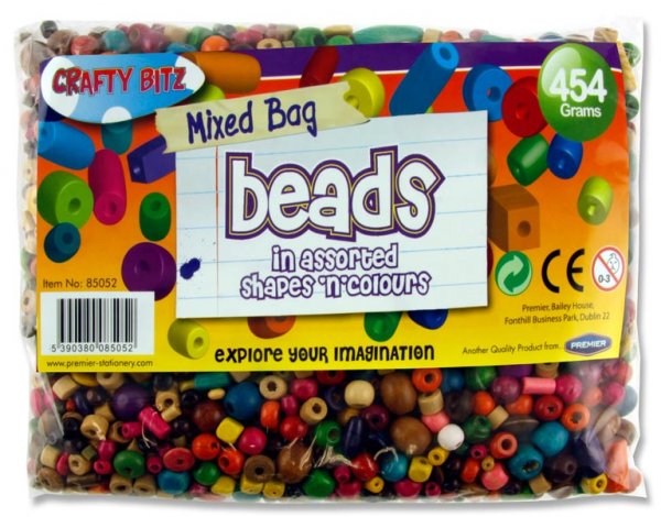 CRAFTY BITZ 454g BAG WOODEN MULTICOLOURED BEADS ASST. SIZES