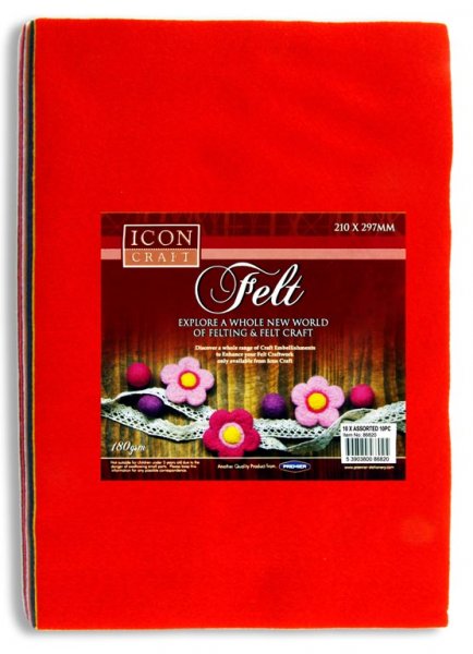 ICON CRAFT PKT.10 A4 ASST COLOURS FELT SHEETS