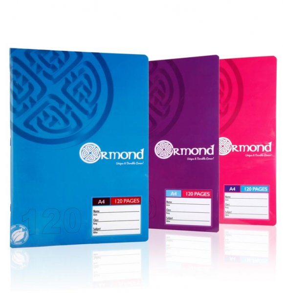 ORMOND A4 120pg MANUSCRIPT BOOK DURABLE COVER BRIGHT 3 ASST.